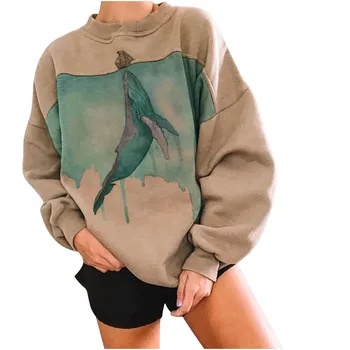 Femeile Pește Print Casual Imprimare Tricou Maneca Lunga de sus Whale print retro femei cu mâneci lungi hoodieSweater Kaki sus