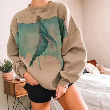 Femeile Pește Print Casual Imprimare Tricou Maneca Lunga de sus Whale print retro femei cu mâneci lungi hoodieSweater Kaki sus