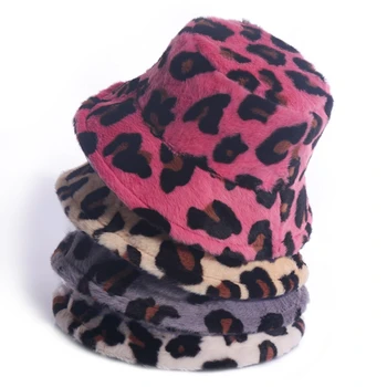 Femeile Pufos Pufos De Plus Găleată Pălărie De Iarnă Caldă Leopard Print Digital De Protecție Solară Scurt Refuz Casual În Aer Liber, De Călătorie Pescar Capac