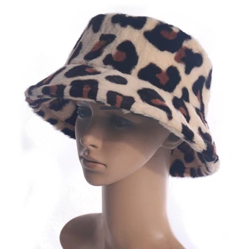 Femeile Pufos Pufos De Plus Găleată Pălărie De Iarnă Caldă Leopard Print Digital De Protecție Solară Scurt Refuz Casual În Aer Liber, De Călătorie Pescar Capac
