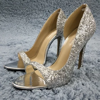 Femeile Stilet Subțire Toc Înalt Sandale Sexy Open Toe Glitter Argintiu Brevet de Nunta de Moda Bridals Petrecere Pantofi de damă 0640C-T2