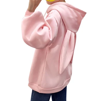 Femeile Ureche De Iepure Broderie Tricou Supradimensionat Harajuku Kawaii Roz Hanorace Drăguț Feminin Fleece Cald Pulover Cu Glugă Topuri Largi