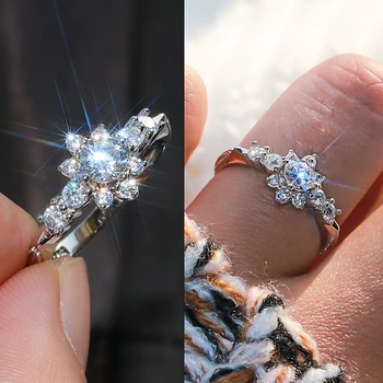 Feminin Drăguț Mic Fulg De Nea De Floare Inel Real Argint 925 Inel De Logodna Solitaire Cristal Inele De Nunta Pentru Femei