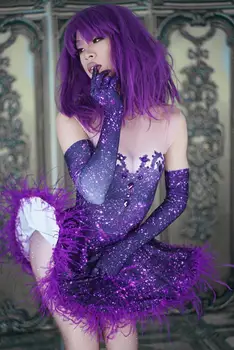Feminin, Etapa A Purta Petrecere Spectacol De Dans Tinuta Sexy Femei Echipa De Dans Sală De Bal Costum De Cristale Violet Pene Rochie Scurtă