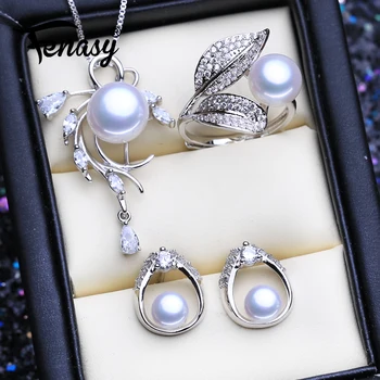 FENASY Argint 925 Seturi de Bijuterii Naturale Stud Perla Cercei Personalizate Boem Floare Pandantiv Coliere Pentru Femei Set Inel