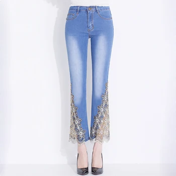 FERZIGE Brand 2019 Broderie Frumoasă Flare Pantaloni Femei Streetwear Skinny Blugi Talie Mare Doamna Plus Dimensiune Negru Albastru Pantaloni
