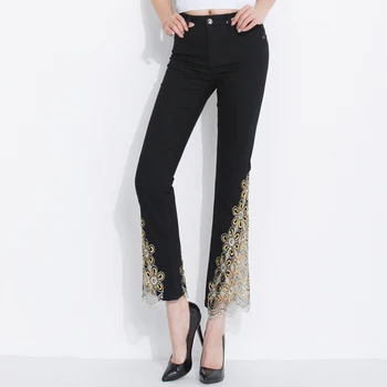 FERZIGE Brand 2019 Broderie Frumoasă Flare Pantaloni Femei Streetwear Skinny Blugi Talie Mare Doamna Plus Dimensiune Negru Albastru Pantaloni