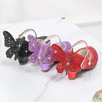 Fete din piele Pantofi de Printesa Pantofi pentru Copii Pantofi cu Paiete Fluture cu toc Printesa Spumant Cu Lumina de Pantofi de Dans