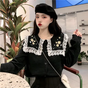 Fete dulci femei negru pulovere japoneză femme guler de dantelă cardigane femei pulover negru tricotaje topuri