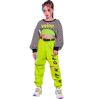 Fete Hip Hop Îmbrăcăminte Jazz Costum Zăbrele Topuri Verde Fluorescent Pantaloni Spectacol Modern Tinuta De Petrecere Hip-Hop Haine Copii Purta L5299