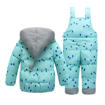 Fete noi de Iarna Cald în Jos Jacheta Costum Set Copiii Strat Gros+Salopeta Haine pentru Copii Print picăturile de ploaie cu Glugă Îmbrăcăminte exterioară