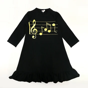 Fete rochie haine pentru copii mâneci lungi de bumbac imbracaminte copii rochie de aur negru muzică fete haine casual negru lung volane