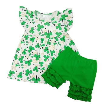 Fetita haine de vară de tip boutique, costum fată St Patrick ' s Day de sus și pantaloni scurți verzi cu glazură zburli 2 buc set