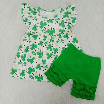 Fetita haine de vară de tip boutique, costum fată St Patrick ' s Day de sus și pantaloni scurți verzi cu glazură zburli 2 buc set