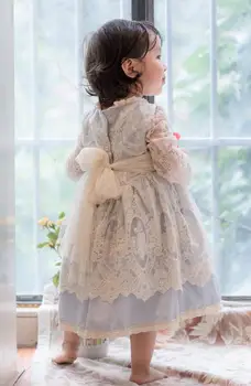 Fetita Primavara-Vara Albastru Dantela din Bumbac cu Maneca Lunga Epocă Palatul spaniolă Turcia Rochie de Bal Rochie de Printesa pentru o zi de Naștere