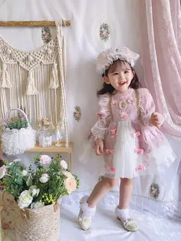 Fetița Toamna Primavara-Vara cu Maneci Lungi din Dantela Roz turcesc de Epocă Lolita Rochie de Rochie de Printesa pentru Ziua de Crăciun Casual