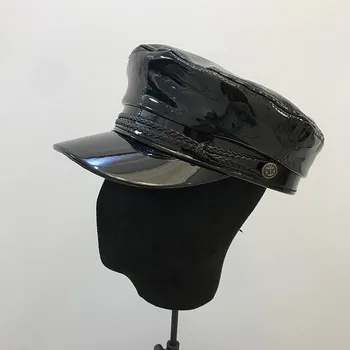 Fibonacci 2018 Nou Brand de Calitate Faux din Piele Militare Capac Toamnă Iarnă Negru Luminos PU Flat Top Femei Armata Pălărie