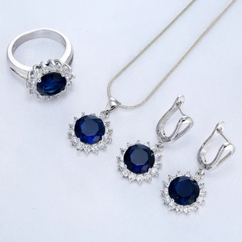 Fierbinte de vânzare de bijuterii seturi de albastru închis, rotund placat cu argint culoare floare forma de logodna bijuterii pentru femei, cadou