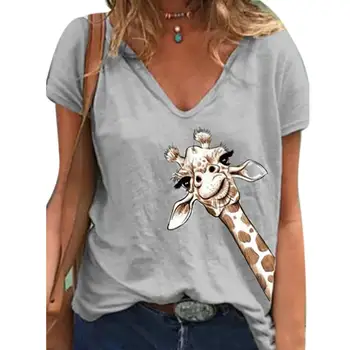 FIERBINTE DE VÂNZARE！！！Femei Casual de Vara Scurt Maneca V Gat Girafa Bumbac Imprimare T-shirt Bluza de Sus