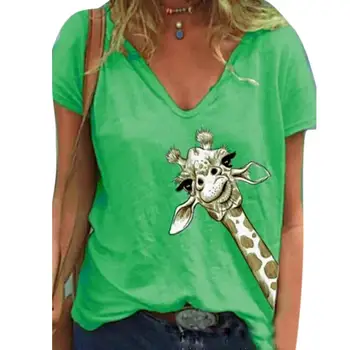 FIERBINTE DE VÂNZARE！！！Femei Casual de Vara Scurt Maneca V Gat Girafa Bumbac Imprimare T-shirt Bluza de Sus