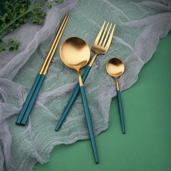 Fierbinte en-Gros Dropshiping tacâmuri din oțel inoxidabil de culoare Verde Închis Auriu vintage tacâmuri furculiță, lingură, cuțit set de mese bucătărie coreeană