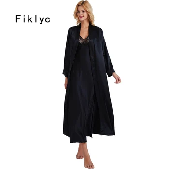 Fiklyc brand sexy femei lungă design cămașă de noapte + halate de baie doua piese roba & rochie de seturi de lux lungime de glezna pijamale seturi FIERBINTE