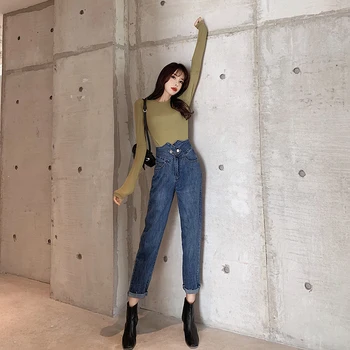 FINEWORDS Vintage de Toamna Iarna Harem Mama Blugi Cu Sac coreean Prietenul Jeans Pentru Femei Talie Mare Libertate Casual Pantaloni din Denim