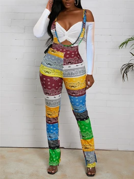 FIXSYS de Imprimare de Moda de Culoare Mozaic Femei Salopete Partea Garnitura din Dantela-Up Fashion Salopeta Split Jos Suspensor Pantaloni