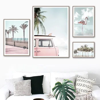 Flamingo Roz Mașină Verde, Palmier, Mare, Plajă Perete Panza Pictura Nordică Postere Si Printuri Poze De Perete Pentru Living Decorul Camerei