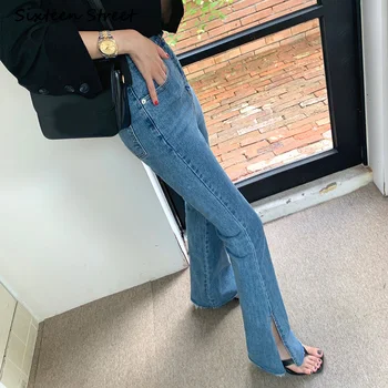 Flare Jeans Talie Mare Întins Lateral Split de sex Feminin Denim Haine de Epocă Stil Moda coreeană Y2K Estetice Pantaloni Doamnelor 2021