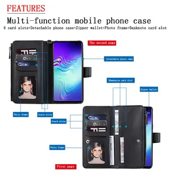 Flip din Piele de Caz Pentru Samsung Galaxy S10 S10E 5G Plus Magnetic Capacul Telefonului Galaxy S8 S9 Plus Detasabile Card Sac cu Fermoar Portofel