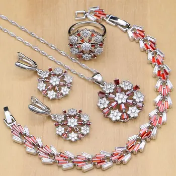 Floare în Formă de Argint 925 Seturi de Bijuterii Roșu CZ Alb de Cristal Margele Pentru Femei Nunta Cercei/Pandantiv/Colier/Inele/Bratara