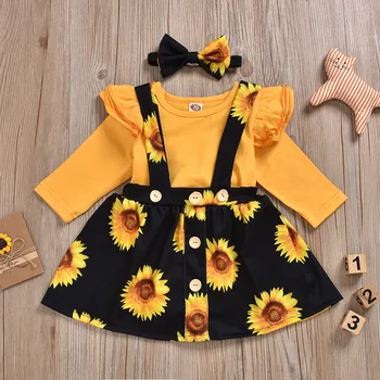 Floarea-soarelui Imprimare Copil Haine de Fata cu Bentita 2 buc Set Zburli Costume+Bretele cu Fusta Nouă Ani În 2020 Fată Copilul Îmbrăcăminte D30