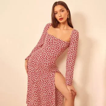 Floral Print Split Sexy Rochii Midi Femei De Vară 2020 Talie Înaltă Gât Pătrat Cu Fermoar Chic Rochie Lunga Casual Vintage Veatidos
