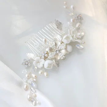 Floralbride Handmade Perle De Apă Dulce Ceram Floare Pieptene De Par Mireasa Mireasa Frizură Accesorii De Par Domnisoarele De Onoare Femei Bijuterii