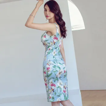 Florale Rochie midi pentru femei de Vară coreea albastră fără Mâneci V gât poliester Sexy si Damele de elegant print office Rochii