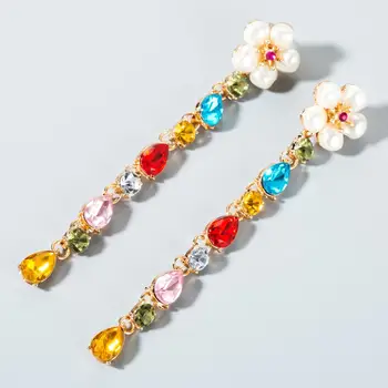 Flori Colorate Tassel Cercei Lungi De Cristal Cercei Cadou Pentru Doamna Eleganta Imitații De Perle Cercei Stras Bijuterii