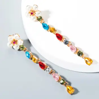 Flori Colorate Tassel Cercei Lungi De Cristal Cercei Cadou Pentru Doamna Eleganta Imitații De Perle Cercei Stras Bijuterii