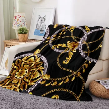 Flori de aur Flanel Pătură de Imprimare 3D Lanț de Aur Fleece Pătură Euporean Model Arunca Pătură Vintage Baroc Canapea Pătură