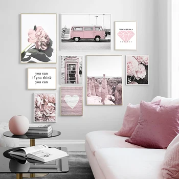 Flori roz Panza Pictura Fată Cameră Decor Poster Autobuz Dragoste Imagini de Inima pentru Home Design Modern Arta de Perete pentru Printuri de Interior