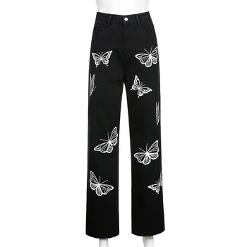 Fluture de Imprimare Negru Denim Y2K Pantaloni Femei Blugi Pentru Fete de Moda de sex Feminin 2021 Lung Epocă de Înaltă Talie Pantaloni Harajuku Capri