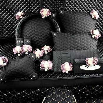 Fluture roz Floare Scaun Auto Accesorii de Interior Volan Piele Acoperi Auto Cristal Tetiera frana de Mana pe Schimbator Acoperi