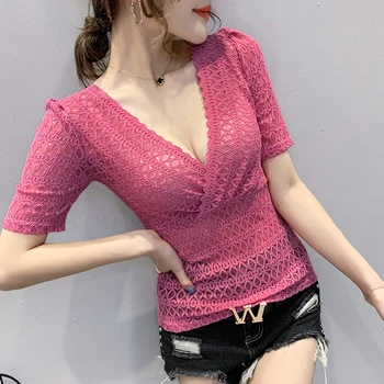 Folie Cămașă Deschisă La Piept Top De Vară Plasă De Dantelă Cu Maneci Scurte Sexy Adânc V Gât T Cămașă Harajuku T-Shirt Femei Topuri Plus Dimensiune Roz
