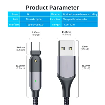 FONKEN Roti Cablu USB de Tip C 3A Încărcare Rapidă Cablu LED-uri pentru Samsung Huawei, Xiaomi, LG Telefon Mobil de Date Cablul de Sârmă