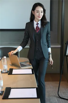 Formal Gri Sacou Femei de Afaceri Costume cu Pantaloni + Sacou + Vesta Seturi de Birou Doamnelor Munca Poarte Uniforme OL Stil