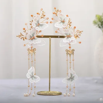 FORSEVEN Fluture Floare Pas se Agită Ciucure Lung Perle de Cristal Agrafe de par Agrafe de Par Piepteni Ureche Clipuri de Nunta Chineză Seturi de Bijuterii