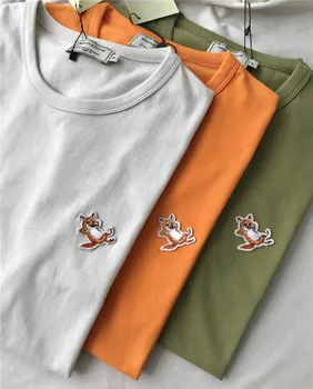 Fox Broderie Maison KITSUNE Teuri Broderie Femei Barbati tricouri tricouri Hiphop Supradimensionate Barbati din Bumbac T-shirt