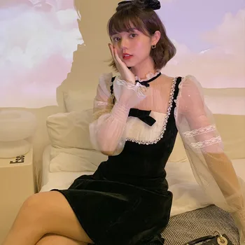 Franceză Rochie De Epocă Femei 2021 Primăvară Dantelă Zână De Catifea-O Singură Bucată Rochie Coreeană Petală Maneca Petrecere De Seara Rochie Eleganta De Sex Feminin