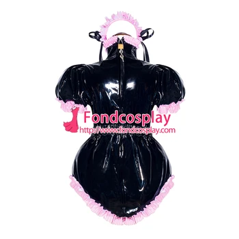 Franceză Sissy Menajera Blocabil PVC negru Romper Rochie Uniformă Cosplay Costum adaptate[G4049]
