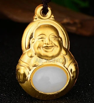 Frumos Alb Natural Hetian Jade + 18K Aur Masiv Chinez Binecuvântare Buddha vesel Norocos Pandantiv + Liber Colier Bijuterii Fine